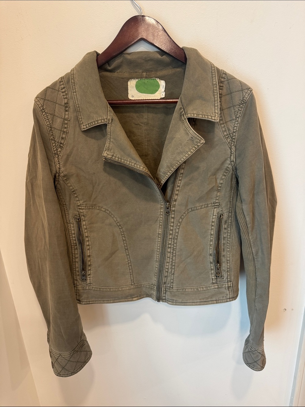 Anthropologie Olive Green Quilted Utility Moto Jacket Size M | Asymmetric Zip